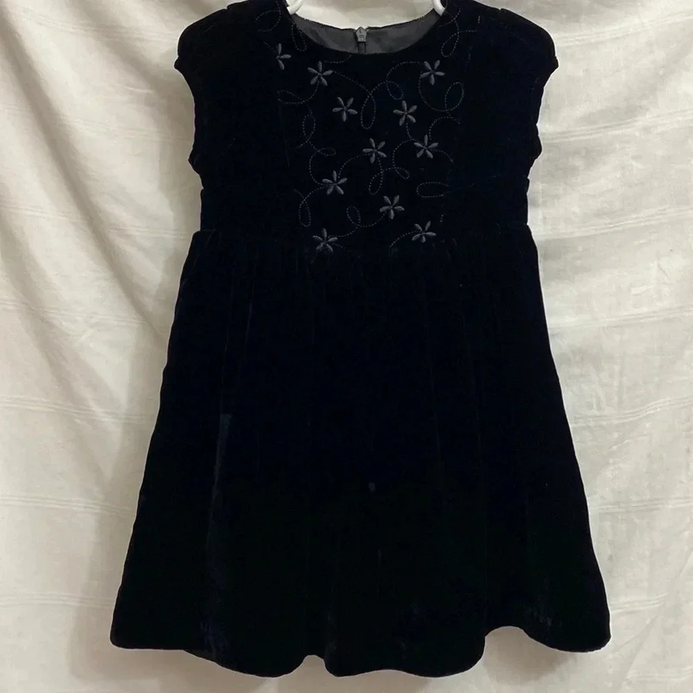 Vintage Gymboree Black Velvet Dress Silk Rayon Blend with Embroidered Flowers